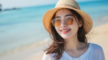 ai gegenereerd portret mooi jong Aziatisch vrouw kom tot rust glimlach vrije tijd in de omgeving van strand zee oceaan in reizen vakantie foto