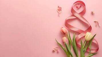 ai gegenereerd figuur 8 gemaakt van lint en tulp bloemen voor Internationale vrouwen dag viering Aan roze achtergrond met ruimte voor tekst foto