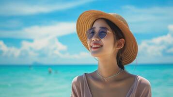 ai gegenereerd portret mooi jong Aziatisch vrouw kom tot rust glimlach vrije tijd in de omgeving van strand zee oceaan in reizen vakantie foto