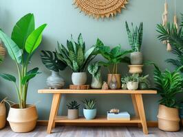 ai gegenereerd interieur ontwerp van leven kamer met houten troosten, mooi samenstelling van planten in verschillend hipster en ontwerp potten, boeken en elegant persoonlijk accessoires in huis tuin. foto