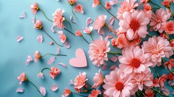 ai gegenereerd creatief lay-out met roze bloemen, papier hart over- pittig pastel achtergrond. top visie, vlak leggen. lente, zomer of tuin concept. Cadeau voor vrouw dag foto