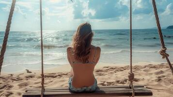 ai gegenereerd achterzijde visie beeld van een jong vrouw zittend Aan houten schommel door de zee foto