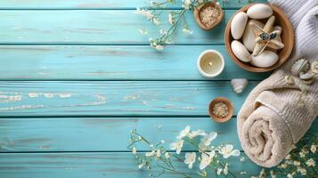 ai gegenereerd spa behandelingen Aan blauw houten tafel foto