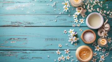 ai gegenereerd spa behandelingen Aan blauw houten tafel foto