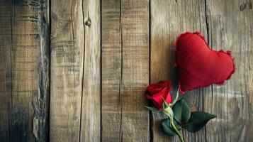 ai gegenereerd gelukkig Valentijnsdag dag kaart met rood roos en kleding stof hart vorm Aan wijnoogst hout achtergrond foto