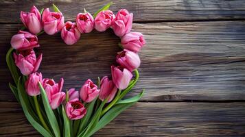 ai gegenereerd hart van roze tulpen bloemen Aan rustiek tafel voor maart 8, Internationale vrouwen dag, verjaardag , valentijnsdag dag of moeders dag foto