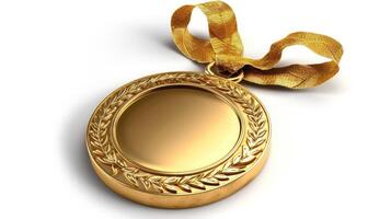 ai gegenereerd goud medaille met gouden lint, flauw schaduw, geïsoleerd Aan wit achtergrond. foto