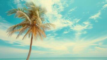 ai gegenereerd palm boom Aan tropisch strand met blauw lucht en wit wolken abstract achtergrond. kopiëren ruimte van zomer vakantie en bedrijf reizen concept. wijnoogst toon filter effect kleur stijl foto