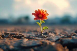 ai gegenereerd aard optimisme bloem komt tevoorschijn van droog bodem, symboliseert hoop foto