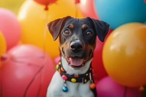 ai gegenereerd partij pup hond zit temidden van levendig ballonnen en feestelijk decor foto