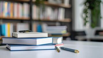 ai gegenereerd bijgesneden schot van wit tafel met boeken, schrijfbehoeften en kopiëren ruimte in wazig studie kamer foto