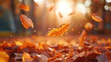 ai gegenereerd levendig detailopname van vallend herfst bladeren met levendig achtergrondverlichting van de instelling zon foto