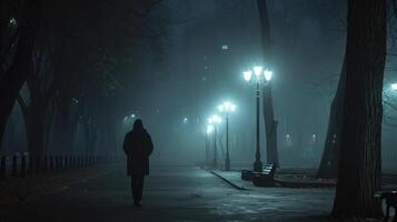 ai gegenereerd verdrietig Mens alleen wandelen langs de steeg in nacht mistig park terug visie foto