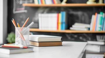 ai gegenereerd bijgesneden schot van wit tafel met boeken, schrijfbehoeften en kopiëren ruimte in wazig studie kamer foto