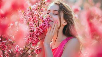 ai gegenereerd Internationale vrouwen dag. extreem gelukkig vrouw in een helder roze jurk is ruiken een bundel van voorjaar bloemen, welke ze is Holding in haar handen. foto