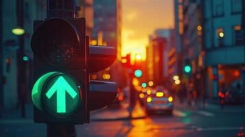 ai gegenereerd groen verkeer licht met groen pijl licht omhoog in stad terwijl zonsondergang staat toe auto naar beurt Rechtsaf foto