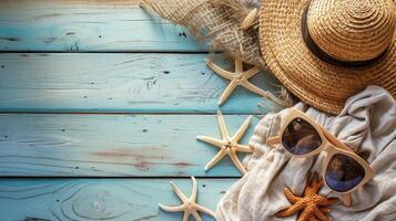 ai gegenereerd strand accessoires Aan blauw plank - zomer vakantie banier foto