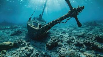 ai gegenereerd anker van oud schip onderwater- Aan de bodem van de oceaan foto