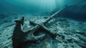 ai gegenereerd anker van oud schip onderwater- Aan de bodem van de oceaan foto