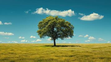 ai gegenereerd eenzaam groen eik boom in de veld- foto