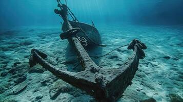 ai gegenereerd anker van oud schip onderwater- Aan de bodem van de oceaan foto