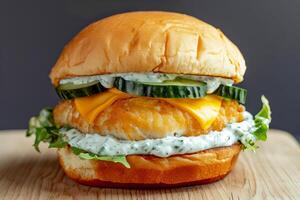 ai gegenereerd vis burger in een brioche bun met kaas, vers komkommer, tandsteen saus. ai gegenereerd. foto