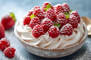 ai gegenereerd laag in calorieën toetje pavlova met vers bessen. foto