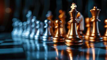 ai gegenereerd koning gouden schaak staand confronteren van de zilver schaak team naar uitdaging concepten van leiderschap en bedrijf strategie beheer en leiderschap foto