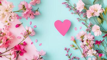 ai gegenereerd creatief lay-out met roze bloemen, papier hart over- pittig pastel achtergrond. top visie, vlak leggen. lente, zomer of tuin concept. Cadeau voor vrouw dag. foto