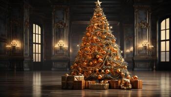 ai gegenereerd Kerstmis boom gloeiend, verhelderend de feestelijk huis interieur gegenereerd door ai foto