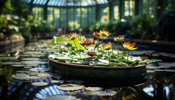 ai gegenereerd lotus water lelie, groen kleur, reflectie, rustig tafereel gegenereerd door ai foto