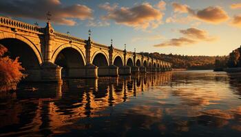 ai gegenereerd zonsondergang over- beroemd brug weerspiegelt rustig schoonheid van natuur gegenereerd door ai foto