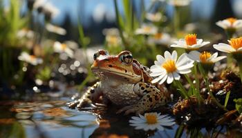 ai gegenereerd een schattig pad zittend Aan een nat madeliefje gegenereerd door ai foto