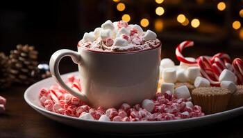 ai gegenereerd heet chocola met marshmallows Aan een houten tafel gegenereerd door ai foto