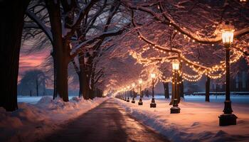 ai gegenereerd sneeuw gedekt boom verlichte door lantaarn Aan winter nacht gegenereerd door ai foto