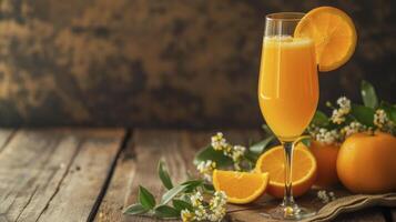 ai gegenereerd oranje mimosa Aan houten tafel. foto