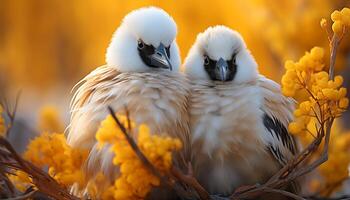 ai gegenereerd schattig geel vogel neerstrijken Aan Afdeling in natuur gegenereerd door ai foto