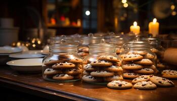 ai gegenereerd eigengemaakt chocola spaander koekjes Aan rustiek houten tafel gegenereerd door ai foto