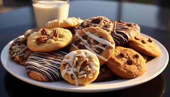 ai gegenereerd vers gebakken chocola spaander koekjes Aan houten tafel gegenereerd door ai foto