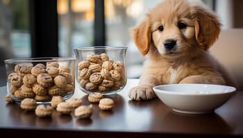 ai gegenereerd schattig puppy zittend Bij tafel aan het eten een tussendoortje gegenereerd door ai foto