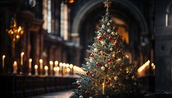 ai gegenereerd Kerstmis boom gloeiend met lichten in een donker kamer gegenereerd door ai foto