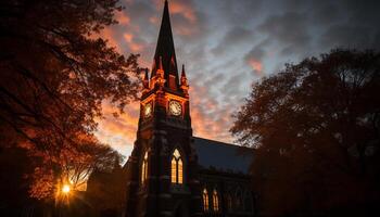 ai gegenereerd gotisch kapel silhouet verlichte door stad schemering gegenereerd door ai foto