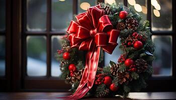 ai gegenereerd Kerstmis boom decoratie verlichte met glimmend goud ornamenten gegenereerd door ai foto