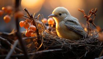 ai gegenereerd schattig jong vogel neerstrijken Aan Afdeling in natuur gegenereerd door ai foto