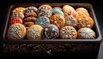 ai gegenereerd eigengemaakt chocola koekjes Aan houten dienblad, Kerstmis viering gegenereerd door ai foto