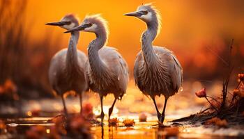 ai gegenereerd geel zilverreiger staand in gras in de buurt zonsondergang vijver gegenereerd door ai foto