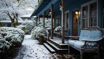 ai gegenereerd rustig tafereel winter natuur siert buitenshuis bank gegenereerd door ai foto