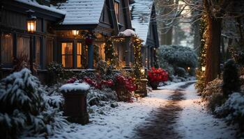 ai gegenereerd winter nacht sneeuw gedekt boom verlichte door lantaarn gegenereerd door ai foto