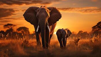 ai gegenereerd majestueus olifant kudde zwerft rond Afrikaanse savanne Bij zonsondergang gegenereerd door ai foto