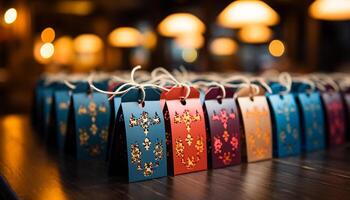 ai gegenereerd glimmend Kerstmis decoraties verlichten de elegant hout tafel gegenereerd door ai foto